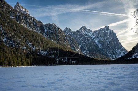 Photo for Lake Dobbiaco. Treasure chest among the Dolomites. Winter atmosphere. - Royalty Free Image