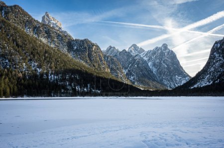Photo for Lake Dobbiaco. Treasure chest among the Dolomites. Winter atmosphere. - Royalty Free Image