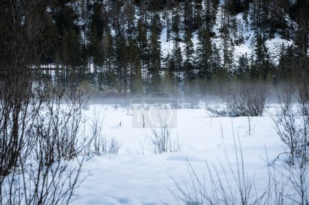 Foto de Lago Dobbiaco. Cofre del tesoro entre los Dolomitas. Ambiente de invierno. - Imagen libre de derechos