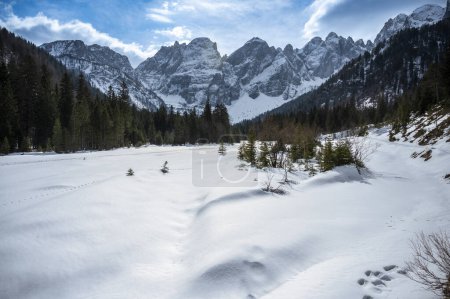 Foto de Tarvisio. Valle de Riofreddo en invierno. A los pies de los Alpes Julianos - Imagen libre de derechos