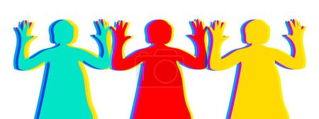 Ilustración de Siluetas de mujer con las manos arriba sobre fondo blanco Riso Imprimir con mujer. Efecto Risógrafo Impresión artística minimalista. Vector - Imagen libre de derechos