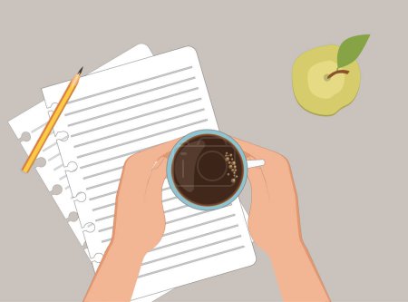 Téléchargez les illustrations : Papier, pomme et tasse à café dans les mains. Illustration vectorielle - en licence libre de droit