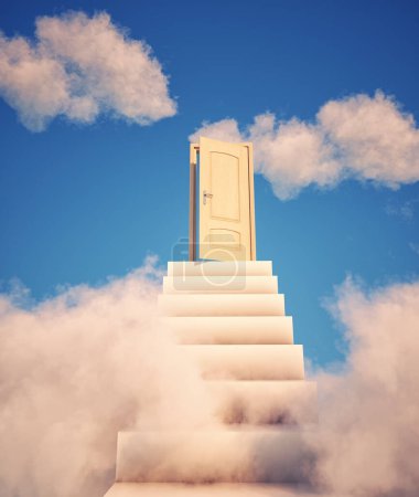 Foto de Escaleras que conducen a una puerta abierta al cielo. Camino hacia el concepto de éxito. Esta es una ilustración de renderizado 3d . - Imagen libre de derechos