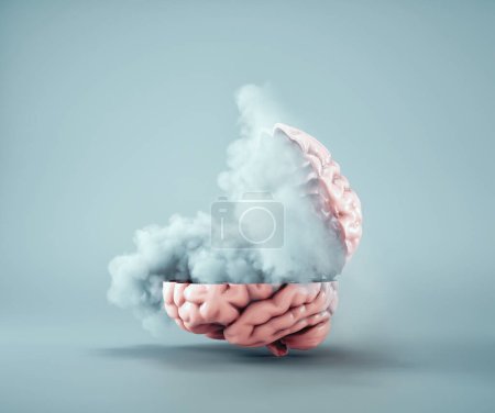 Das halbe Gehirn mit einer Wolke im Inneren. Kreativität und aufgeschlossenes Konzept. Dies ist eine 3D-Darstellung