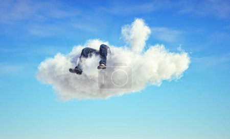 Photo for Man lays down on a cloud . Dreaming and aspiration concept. This is a 3d render illustration - Royalty Free Image