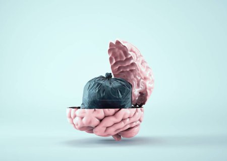 Foto de Medio cerebro con una bolsa de basura dentro. Mentalidad tóxica y concepto de negatividad. Esta es una ilustración de renderizado 3d - Imagen libre de derechos