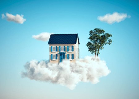 Téléchargez les photos : Maison et un arbre sur un nuage. Maison de rêve et concept de prêt. Ceci est une illustration de rendu 3d - en image libre de droit