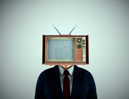 Empresario con una televisión en lugar de la cabeza / Noticias falsas y el concepto de propaganda. Esta es una ilustración de renderizado 3d