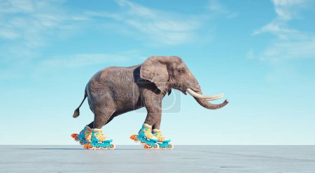 Téléchargez les photos : Elephant goes on rollers.  This is a 3d render illustration - en image libre de droit