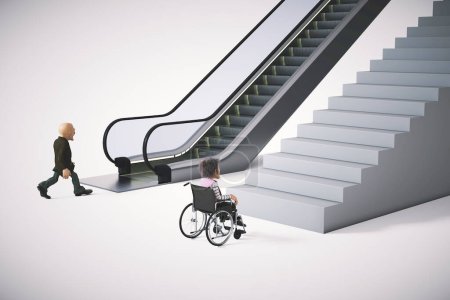 Téléchargez les photos : Un homme handicapé en fauteuil roulant s'est arrêté devant l'escalier. Obstacles et questions d'accessibilité concept. Ceci est une illustration de rendu 3d - en image libre de droit