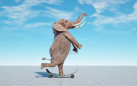 Elefant auf Skateboard. Unmöglich und Glückskonzept. Dies ist eine 3D-Darstellung