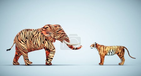 Photo for Elephant with tiger skin facing a tiger. Be different and mindset change concept. This is a 3d render illustration - Royalty Free Image