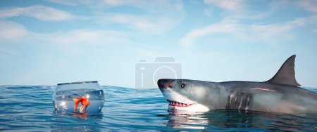 Foto de El tiburón ataca a un pez dorado. Esta es una ilustración de renderizado 3d - Imagen libre de derechos