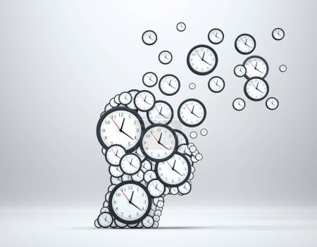 Foto de Planificación del tiempo concepto de negocio o pérdida de minutos como un grupo de relojes en forma de cabeza humana. Esta es una ilustración de renderizado 3d - Imagen libre de derechos