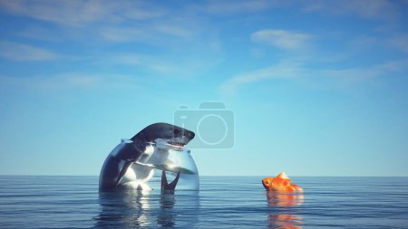 Foto de Imagen abstracta con un tiburón en el acuario y el pez dorado. Esta es una ilustración de renderizado 3d - Imagen libre de derechos