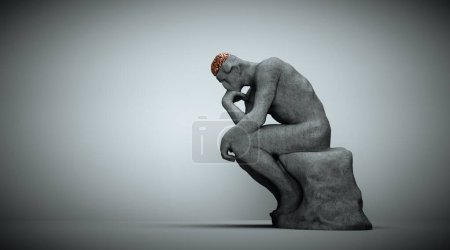 Thoughtful man sitting down. Confusion and overthinking concept. This is a 3d render illustration