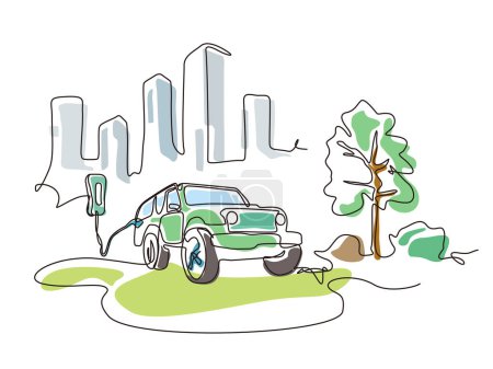 sketch lifestyle A027_electric vehicle charging at city to shows the concept of eco vector illustration graphic EPS 10