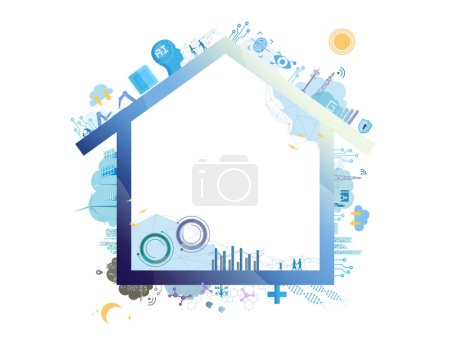 Communauté technologique A021 avec cadre en forme de maison montre la technologie autour de la vie et illustration vectorielle familiale graphique EPS 10