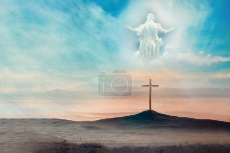 Jesus Christ in clouds of heaven over cross - ascension Christ return. Second coming of Christ. Shining cross on Calvary hill, sunrise, sunset sky background. Ascension day concept. Christian Easter.