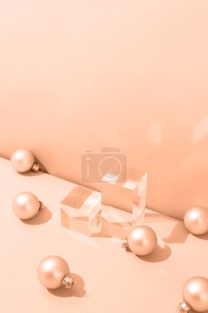 Photo for Color of the year 2024: Peach Fuzz. Glass catwalk for the presentation of products and cosmetics. Showcase with a stage for products, mockup design, seasonal - Royalty Free Image