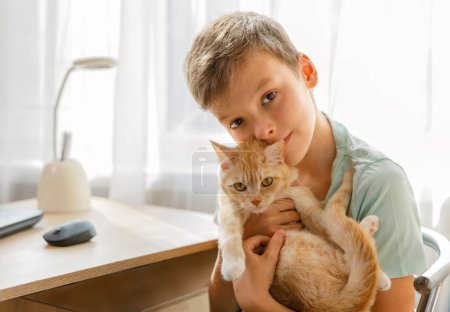 Photo for Boy and pet at home. Kid hugs red ginger cat while sitting at home. Domestic animal and kid love and friendship. Cozy scene, - Royalty Free Image