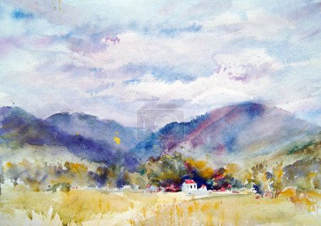  Beautiful landscape painting with mountains, trees and a small house under a picturesque sky in a warm sunny day. Paint splashes and bright colors. Sketch etude style.