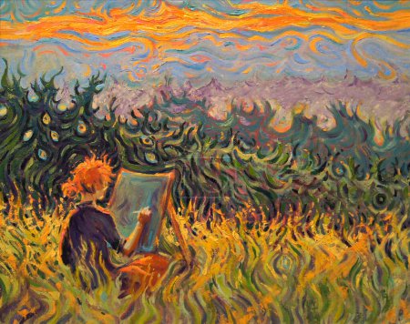 Atardecer etudes. Paisaje al óleo. La figura de la chica con el pelo rizado rojo está pintando sentado en la hierba alta. Colores cálidos al atardecer. trazos de color brillante, curvado en la manera post impresionismo.