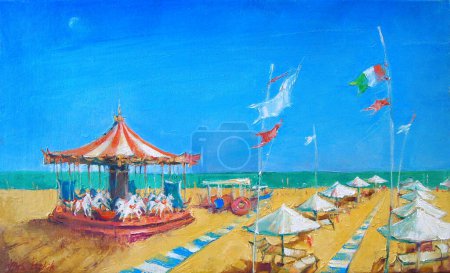 Rimini. Carousel on the beach. Spectacular view of the retro carousel, rows of umbrellas and the sea in the distance. Oil painted landscape in the style of impressionism. Expressive strokes of paint.