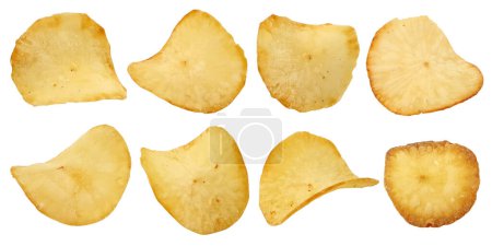 Set of Fried Cassava Chips isolated on white background with clipping path. Close up view and detail texture. Also known as Keripik Singkong, popular traditional snack in Asia and Indonesia.