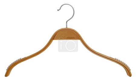 Wooden hanger for clothes isolated on white background. With non-slip rubber ridges on its sides. Mock up template, no label for fashion business.
