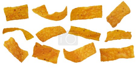 Collection of corn chips isolated on white background. Delicious nachos snack, flat lay, close up texture. Creative concept, top view.