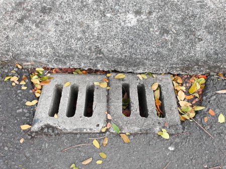 Street drainage system, manhole grill on the street in the city. Sewer Cover. Grate opening on the road. Trash blocking storm drain gutter. To prevent excess water masses or flood on the surface.