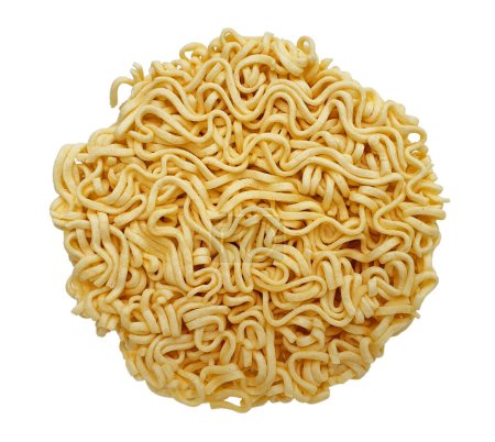 Dry raw instant noodles in round shape , close up top view isolated on white background.