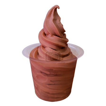 Chocolate soft serve ice cream or frozen yogurt in clear plastic cup , isolated on white background with clipping path. No label, template mockup for ice cream menu.