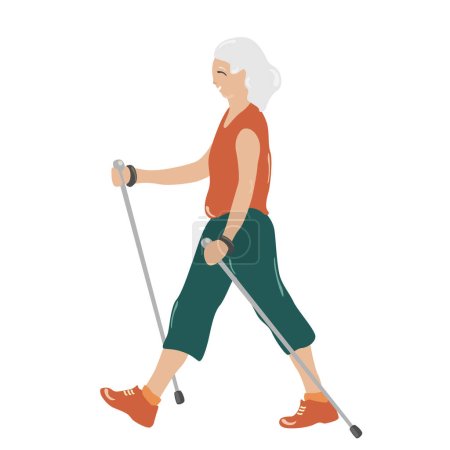 Alte Frau beim Nordic Walking, alter Mann beim Sport mit Stöcken, Seitenansicht. Nützliche aktive Erholung im Freien, flache Vektordarstellung auf weißem Hintergrund. Vektorillustration