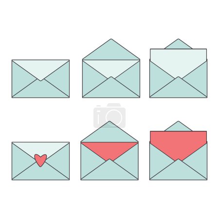 Ilustración vectorial aislada, iconos de letras cerradas y abiertas en color azul claro y rojo con contorno negro sobre fondo blanco. Ilustración vectorial