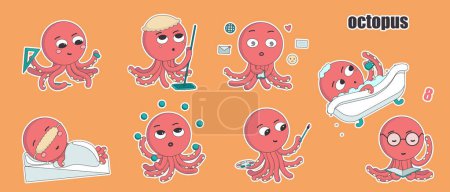 Illustration for Set of eight cartoon red octopus characters in different poses and different emotions working, resting or having fun. Colored vector flat illustration stickers isolated with stroke. Vector - Royalty Free Image