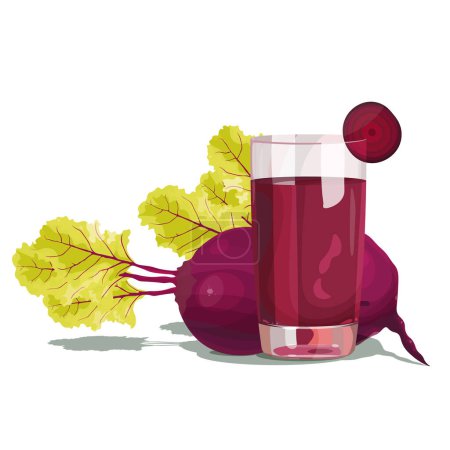 A bright juicy beetroot with a top lies near a glass beetroot juice glass with a slice. Isolated image on a beige background. Vector illustration