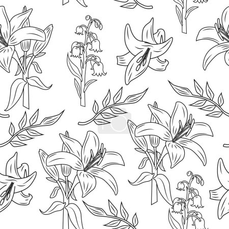 Ilustración de Lily flores botánicas florales. Conjunto de ilustración vectorial. Fondo de patrón sin costura. - Imagen libre de derechos