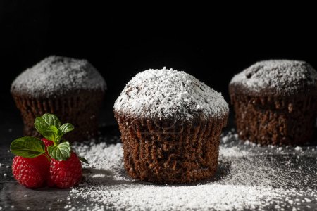 Low key shot of chocolate muffins sprinkled with powdered sugar. Close up, decorated with fresh yewberries and a sprig of mint