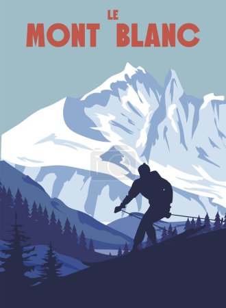 Mont Blanc Cartel de la estación de esquí, retro. Alpes Tarjeta de viaje de invierno, esquiador bajando la pendiente, vendimia. Ilustración vectorial