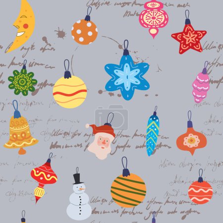 Illustration for Christmas seamless pattern retro balls, toys, unreadable text. Doodle vintage icons. Vector background, wrapping, packaging paper - Royalty Free Image