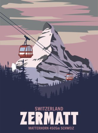 Zermatt Cartel estación de esquí, retro. Alpes Tarjeta de viaje de invierno, ascensor góndola roja, vintage. Ilustración vectorial