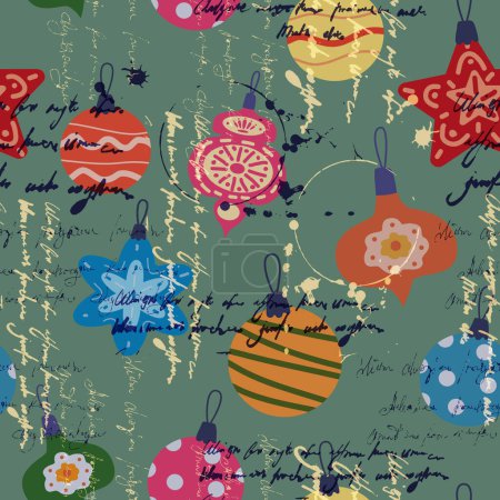 Illustration for Retro Christmas seamless pattern balls, toys, unreadable text. Doodle vintage icons. Vector background, wrapping, packaging paper - Royalty Free Image