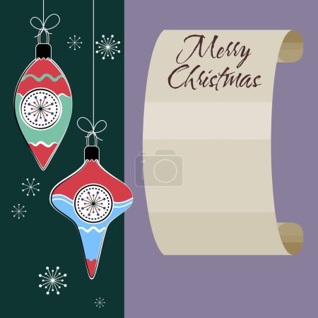 Téléchargez les illustrations : Carte de vœux Vintage Joyeux Noël, vieux rouleau de papier, fond. Couilles de Noël. Illustration vectorielle - en licence libre de droit