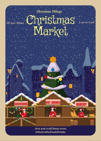 Plantilla de cartel del mercado de Navidad. Tarjeta de mercado de Navidad con árbol de Navidad decorado, puestos de regalos, bebidas, comida. Invitación vectorial, fondo