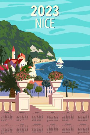 Illustration for Monthly calendar 2023 year Nice French Riviera coast poster vintage. Mediterranean Resort, coast, sea, palms, beach. Retro style illustration vector isolated - Royalty Free Image