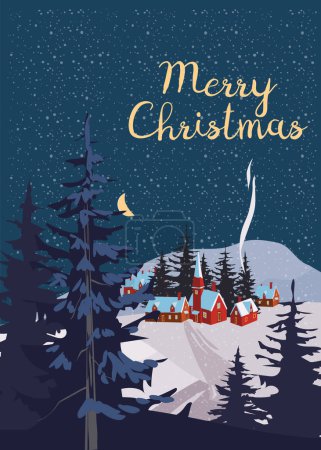 Illustration for Merry Christmas. Winter village rural winter snow landscape night, retro. Vector illustration greeting card - Royalty Free Image
