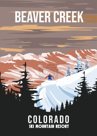 Illustration for Beaver Creek Ski Travel resort poster vintage. Colorado USA winter landscape travel card, skier downhill skiing, view on the snow mountain, vintage. Vector illustration - Royalty Free Image