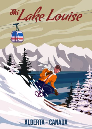 Illustration pour Affiche de voyage Ski Canadian Lake Louise resort vintage. Canada hiver paysage vue de voyage, skieur sur la montagne de neige, rétro. Illustration vectorielle - image libre de droit